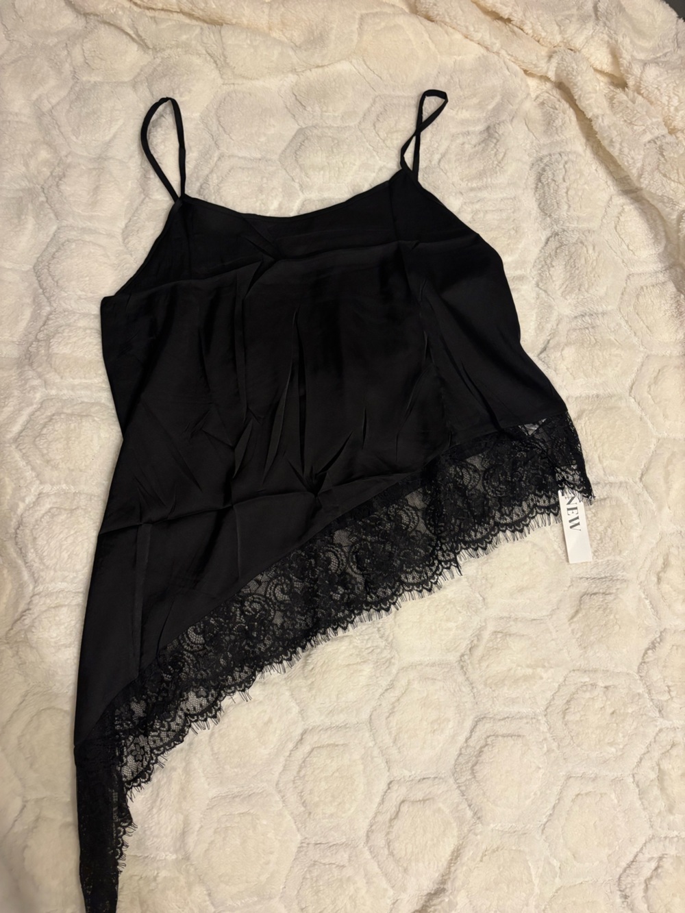 Satin Lace-Hem Black Slip Chemise with Adjustable Straps